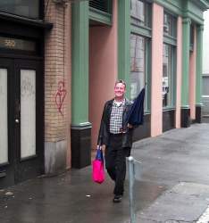 Ah a life of leisure - Hunter strolls to our lunch meeting in the rain