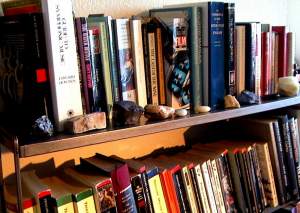 Stones and rocks on my bookshelf.