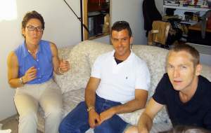 I think that one of le Duc's qualities which I most appreciated was his generosity of spirit. Even his regular servants
were allowed an evening of leisure for the duration of his <em>salons</em>. Here we see his social secretary, the lovely
and efficient Cecilia, with her assistant Mark and the head gardener, Debrett, a thoroughly charming fellow with
a ready laugh, when he's not staring at the camera with suspicion.