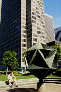 Admiring the corporate art. Well, sort of. In one of the above-street-level plazas next door to my complex.