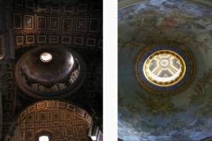 The ornate ceilings, and one of the steeples that rise up from the center of each dome