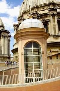 Half way up the dome - as far as you can get with the elevator. This photo shows
one of those steeples that come out of the centers of the domes.