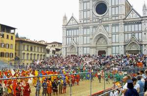 In Piazza di Santa Croce for Calcio in Costume (this shot shows the opening ceremonies, with the beautiful basilica in the background).