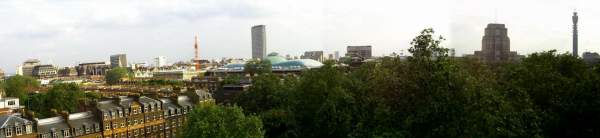 My view, including the British Museum in the middle, Senate House (part of the University of London, and used
as the Ministry of Truth in "1984") and the Post Office Tower, far right.