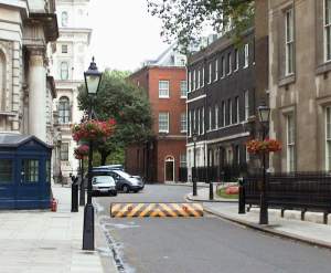 Looking down Downing Street from Whitehall - No 10 was built in 1682, though wasn't the Prime Minister's
residence until Disraeli.