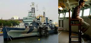 HMS Belfast. And me in the chair on the Admiral's Bridge.