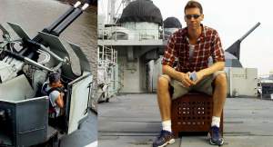 On the left, a cute muscly boy rotates one of the anti-aircraft guns (one of the best things
about the ship is that they don't have many "do not touch" signs), on the right, me on
deck.