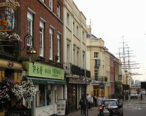 View down a Greenwich street towards the Cutty Sark. You can imagine it looking much the same
150 years ago.