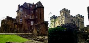 The two parts of the castle, on the left, the Black Gate (1247); on the right, the keep (1168).