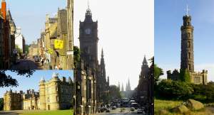Edinburgh sites: top left, the Royal Mile, the most famous street in Scotland. Okay, the only famous
street in Scotland :). Bottom left, Holyrood Palace, belonging to the Royal Family. Middle,
looking West, all the spires and columns - looks more like the Kremlin! Right: Nelson's Monument,
on top of Calton Hill.