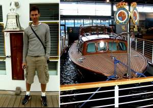 On the left, on board Britannia, standing next to the ship's bell. On the right, the Royal
Barge, in the visitor's center.