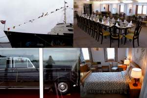 Top left, the beautiful lines of the bow. Top right, the state dining room, where Clinton, Reagan,
Yeltsin, Mandela etc. have all dined;. Bottom left, a gorgeous Rolls Royce in the garage on deck.
Bottom right, the Queen's bedroom, which, like all the rooms, is beautifully designed to be simple,
elegant and comfortable. The audio tour gives interesting information out to you, such as the fact
that the Duke's pillow-cases are the same size as the Queen's, but his sheets are a little smaller :).
Note also that the Queen's bed can only sleep one person! Wonder if the poor old Duke ever got
any!