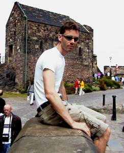 Outside the 12th century St Margaret's Chapel, near the peak. If you look on the left side
of the chapel, you can see one of the rock outcroppings with which the chapel walls merge. The interior of the chapel has
an immensely touching, simple piety to it.