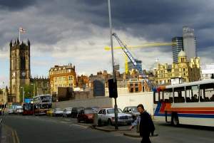 A beautiful evening sky over the cathedral, the old city, and the shopping center