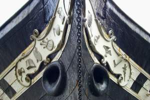 Looking up at the bow just abaft the bowsprit