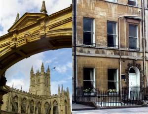 On the left, Bath Abbey, and on the right, the house where Jane Austen lived for three years.