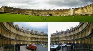 Two of the most impressive architectural "set pieces" of Bath. Top, the Royal Crescent. Bottom:
a montage of two of the three segments of the circular "Circus" (there are three great
trees in a grass lawn in the very center of the circle).