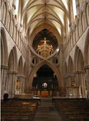 Looking
down the main body of the Cathedral, with one of the three structural braces supporting the
tower. 
