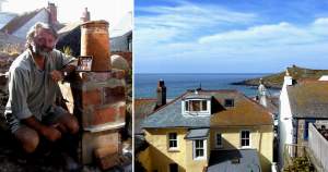 Richard Wilcox, and the little piece of his that I bought, next to the kiln in which
the piece was baked. Right, the view from his studio. To the right of the view you can see
the ancient chapel of St Nicholas on the hill top.