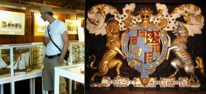 In the Dartmouth Museum. At right, the Royal Coat of Arms in one of the rooms since
Charles II held court here once in 1671.