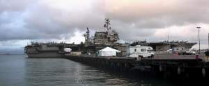 Late evening Tuesday, another aircraft carrier, docked this time at a wharf
near the South of Market area.