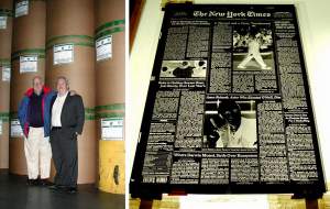 On the left,  Bob and Chris in front of gigantic rolls of newspring (each weighs one tonne), and
on the right, the photo-negative of Page 1 of the New York Times, ready to be transerred to a printing
plate. (This morning, Chris left a parcel for me with the concierge here - it was a printing-plate of
that Page 1. Chris knows how much I love the New York Times, so I was pleased as punch with his gift!)