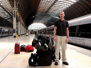 Arriving at Paddington Station. I guess neither of us believe in traveling light.