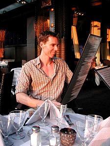 Ordering from the immense menu at Bermuda Onion in the light of the red sun