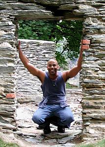 Shawn squats in the ruins of an ancient church. Well, ancient by American
standards :) Mid 1800s.