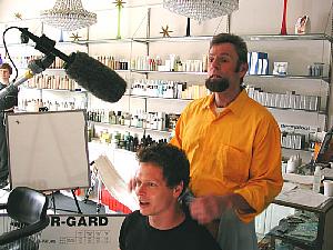 Jason (as Nicky) in the chair, and Russ (as Rico) pretending to cut his hair.