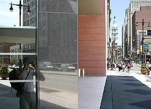 A gimmicky shot outside the hall, looking down Broad Street towards City Hall, with myself
reflected off the wall.