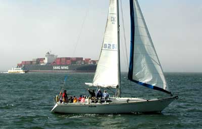 Near Fishman's wharf, a yacht scuds past