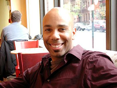 Shawn in Starbucks on 9th Avenue, before we went over to see the QE2 and QM2 depart