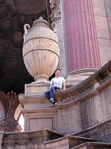Ben perching illegally high up in the Palace of Fine Arts