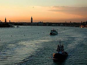 Venice, against the sunset, as we steam out