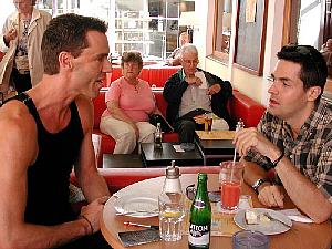 At the Down Town Cafe. Note the clueless, straight, elderly couple having lunch behind us.