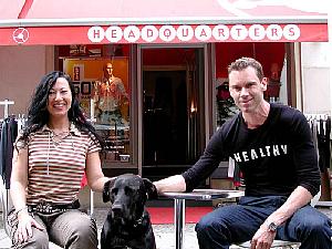 Sitting outside Planet Headquarters, with Wera, and her dog, Black