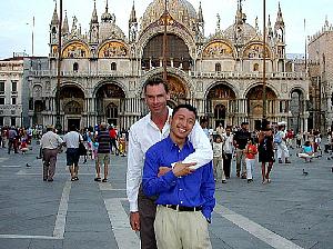 Ben and I in St Marks Square in Venice before Ben's birthday dinner. This was taken on Bill's camera, and came
 out better than the similar photograph of us on my camera, previously published.